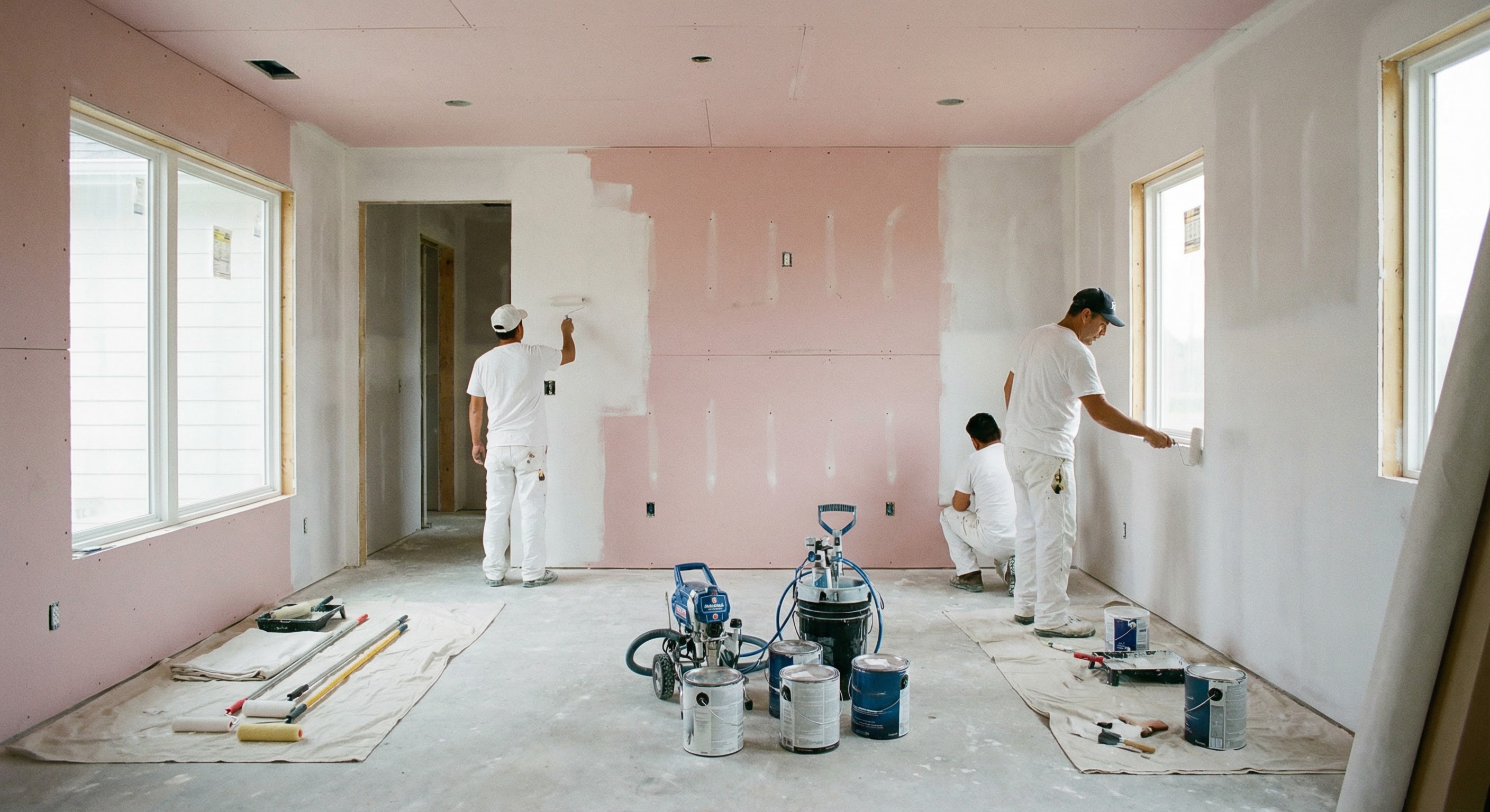Painters priming new construction drywall