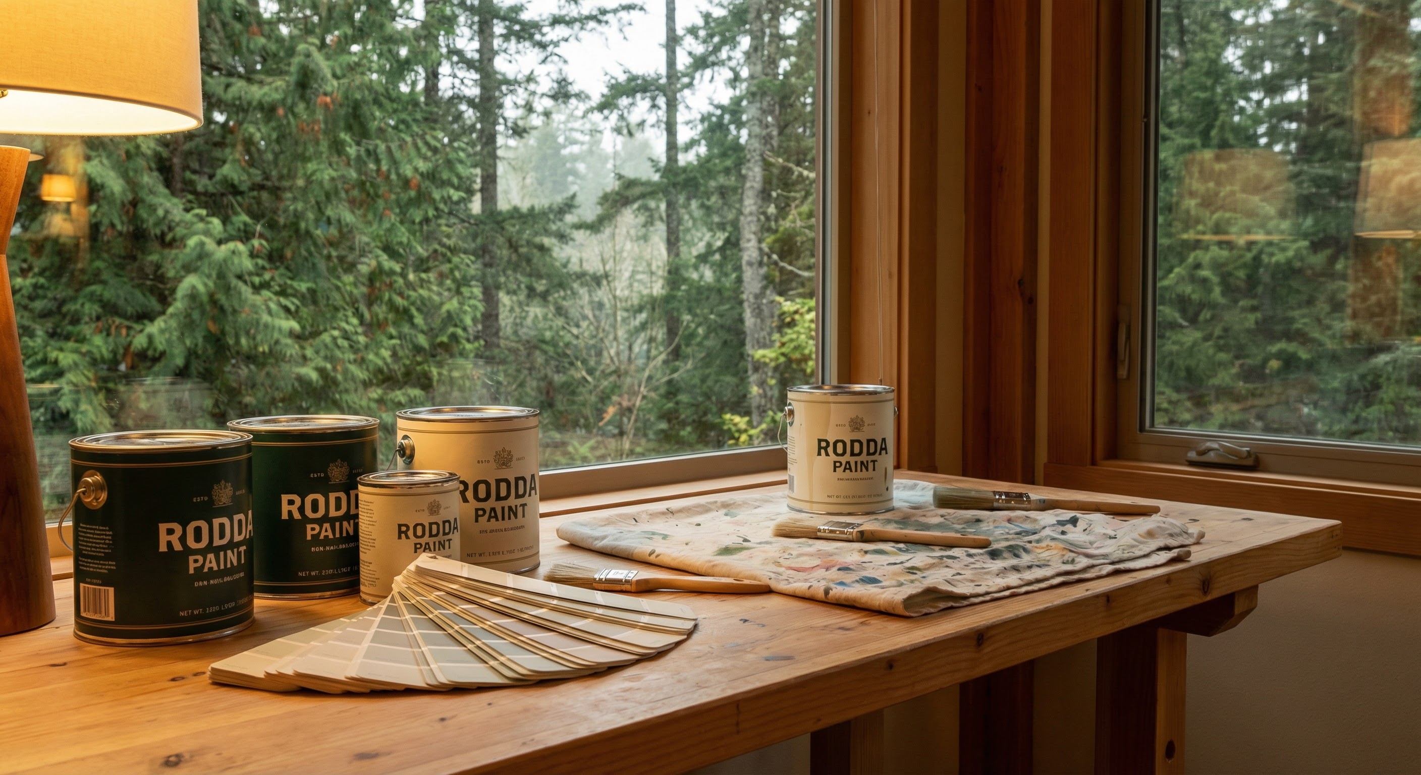 Rodda Paint cans with Pacific Northwest evergreen trees