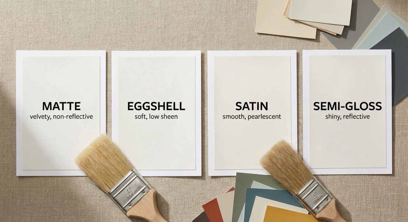 Paint finish swatches showing matte, eggshell, satin and semi-gloss