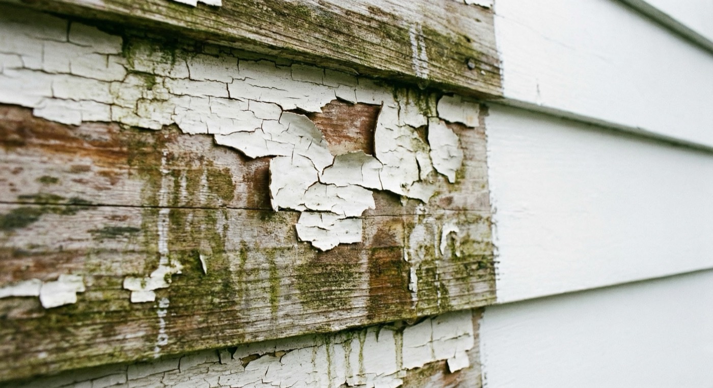 Peeling exterior paint on a Pacific Northwest home