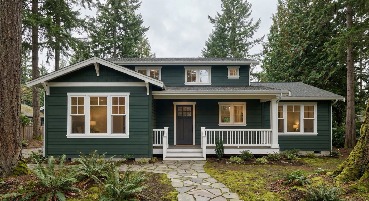 Pacific Northwest home exterior with forest green paint