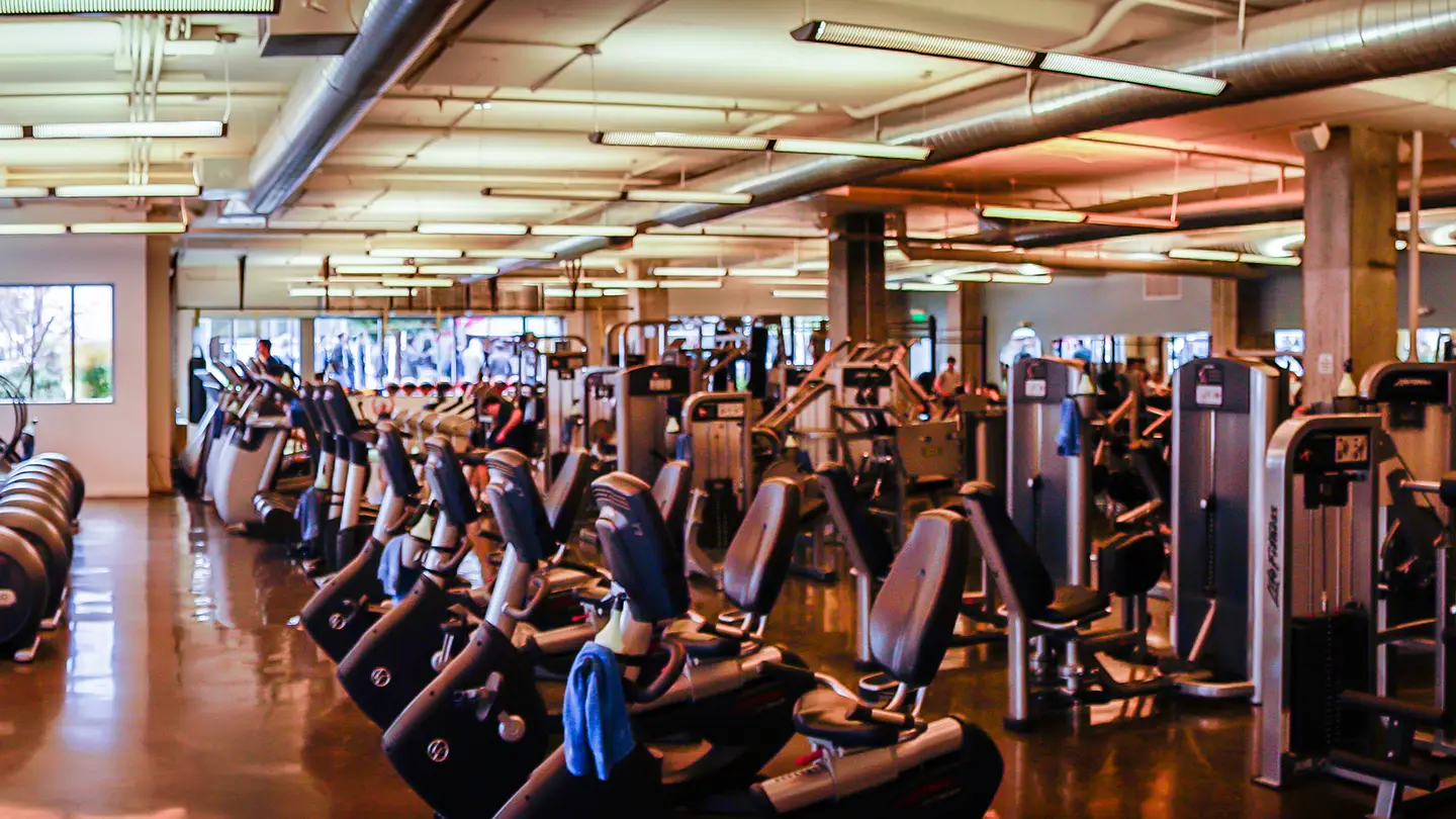 A gym with a row of exercise machines and people working out.
