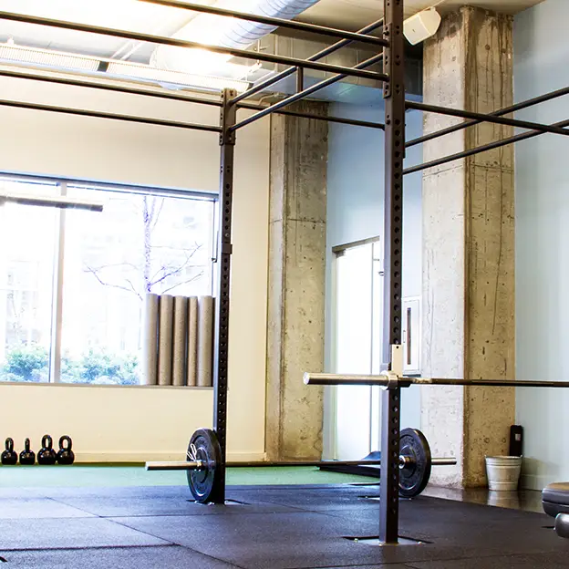 A gym with a barbell and a bench.