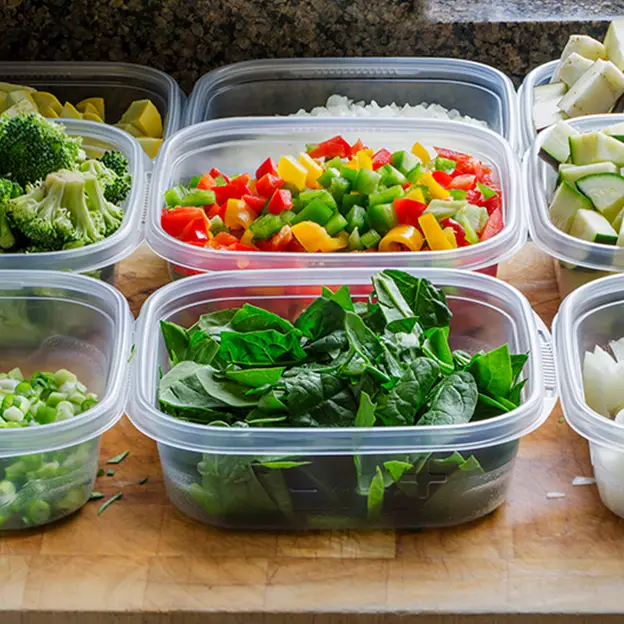 A counter with several plastic containers filled with vegetables.