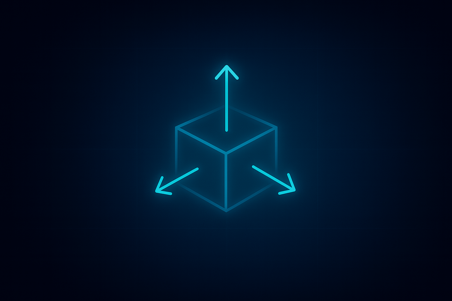 Glowing blue 3D cube with three arrows pointing outward from its center along the x, y, and z axes on a dark background.