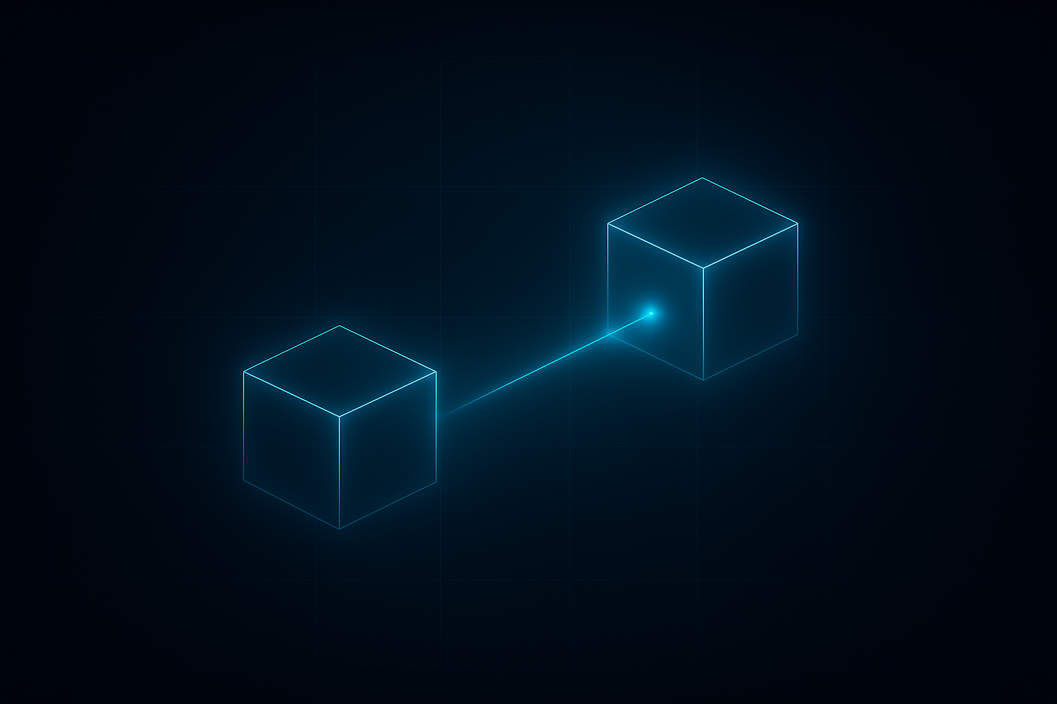 Two transparent glowing blue cubes connected by a single glowing line on a dark grid background.