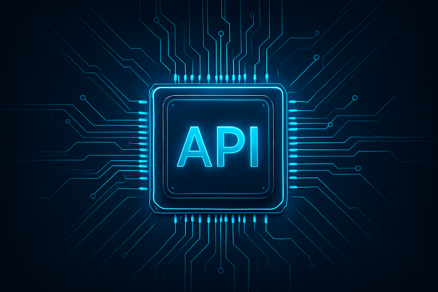 Glowing blue microchip with the letters API at the center, connected to circuit lines on a dark background.