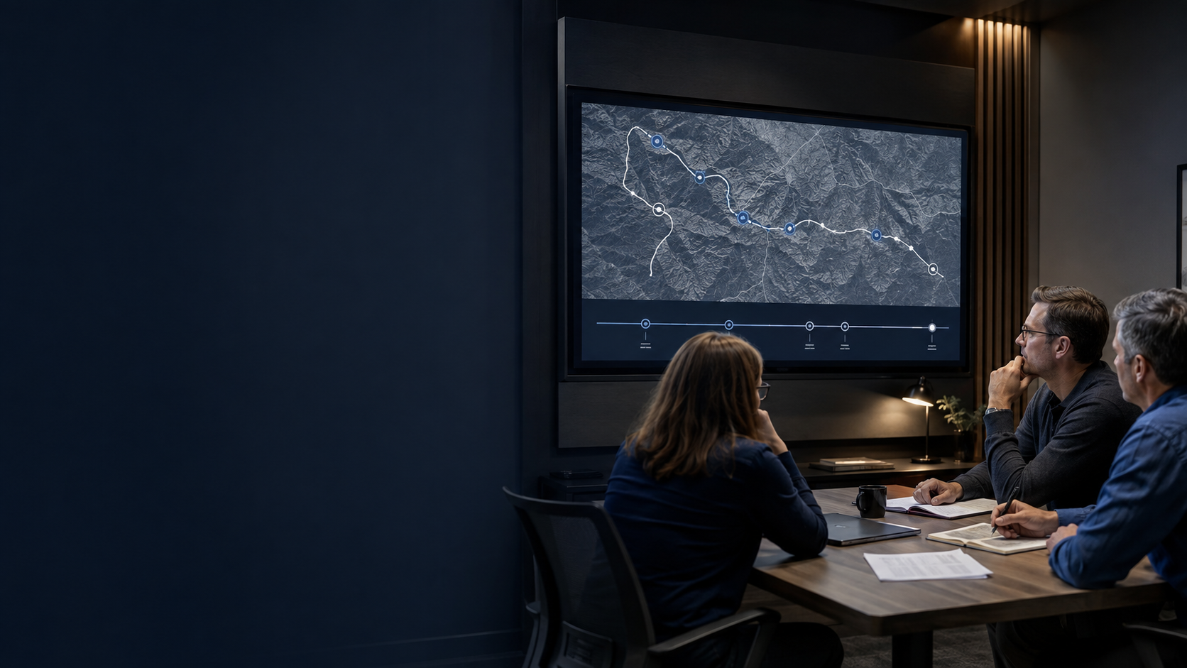 Review team examining a completed-event movement route on a large display.