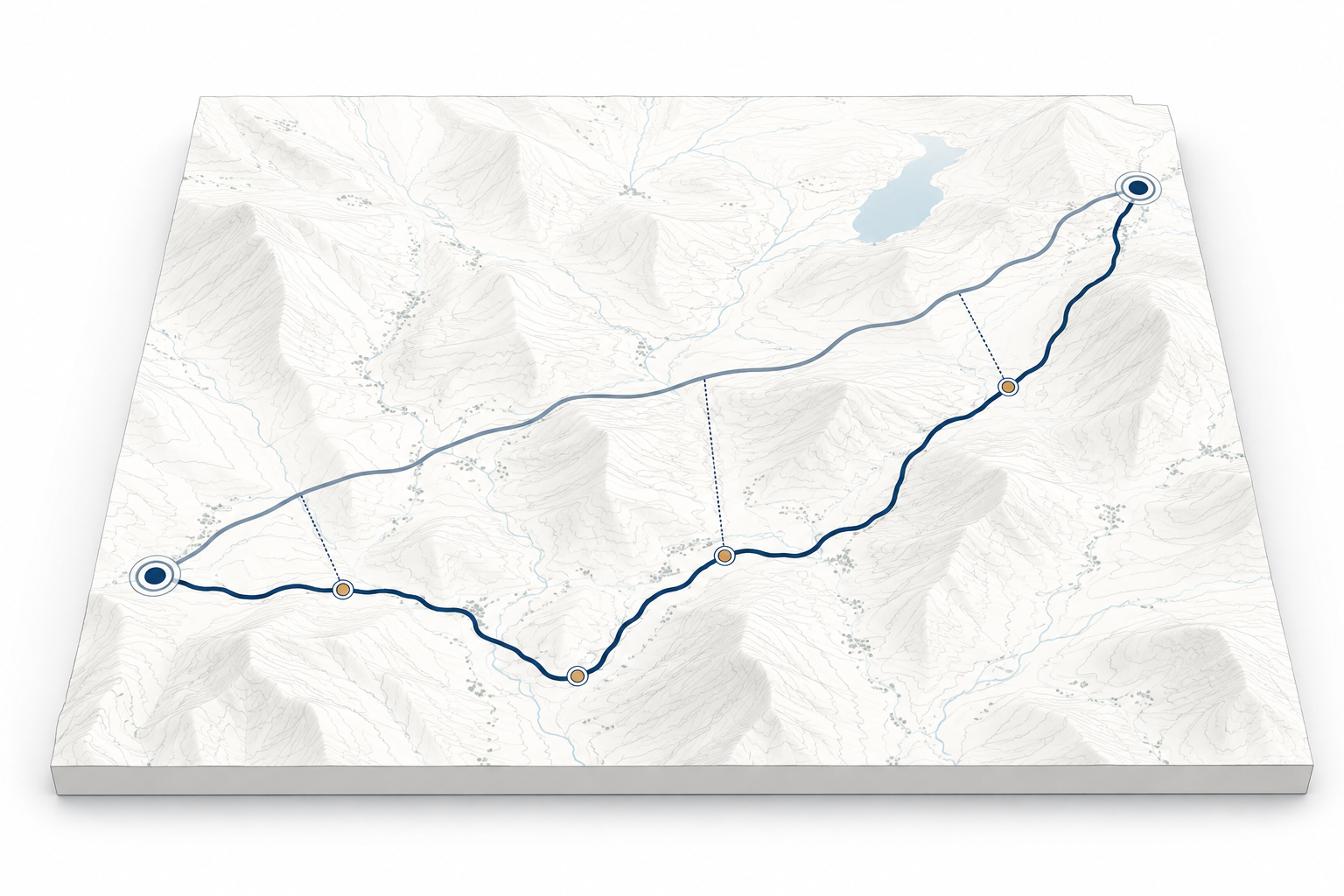 Topographic map illustrating a neutral comparison between a supplied route and recorded movement.