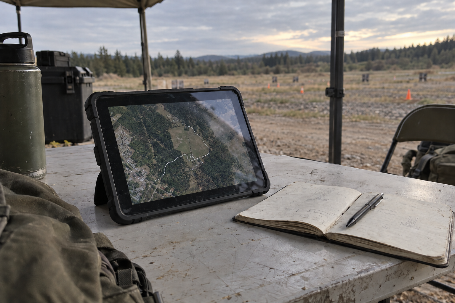 Illustrative post-event field workspace with a rugged tablet showing an unlabeled static route, a notebook and pen, and a quiet training area in the background.