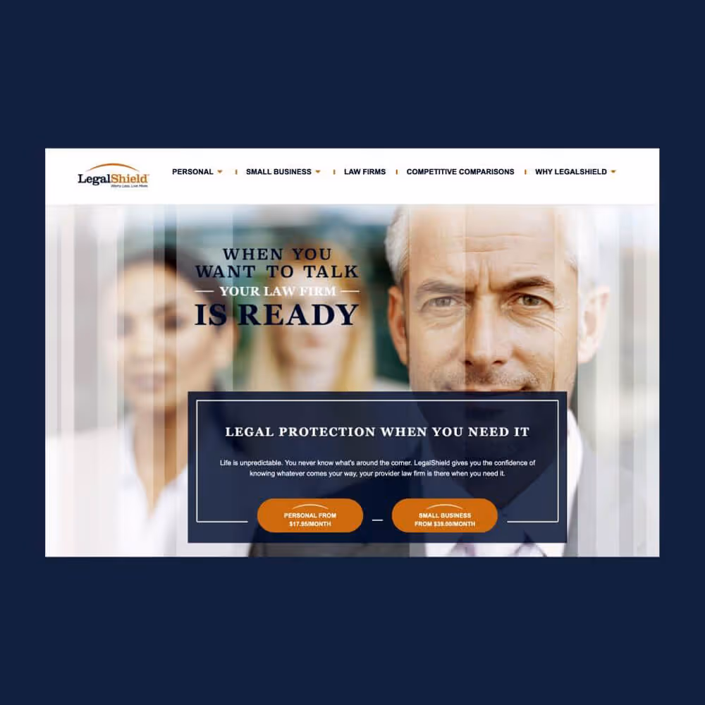 LegalShield website homepage displayed on a screen, representing direct-to-consumer digital access.