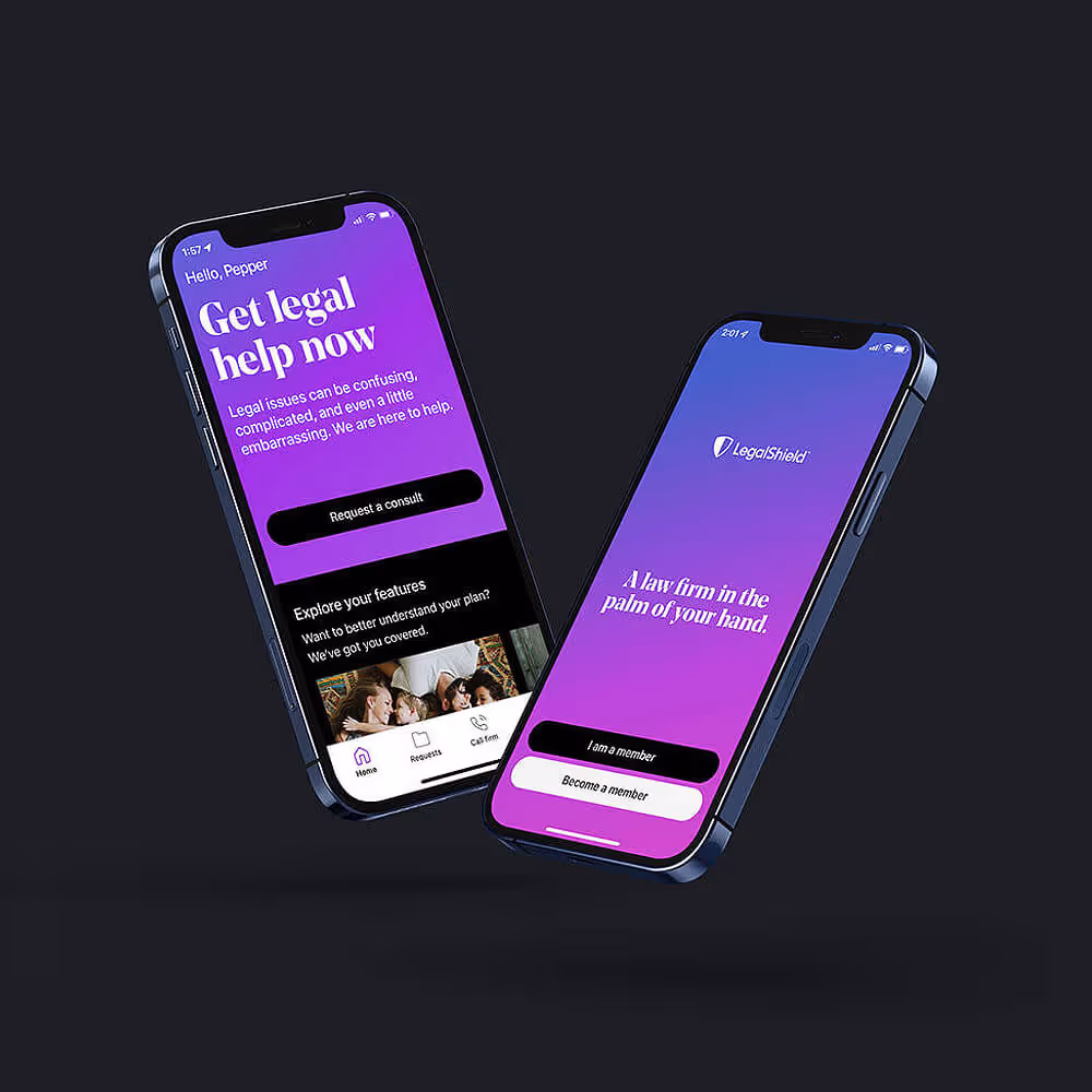 Two smartphones displaying the LegalShield mobile app interface on a dark background.