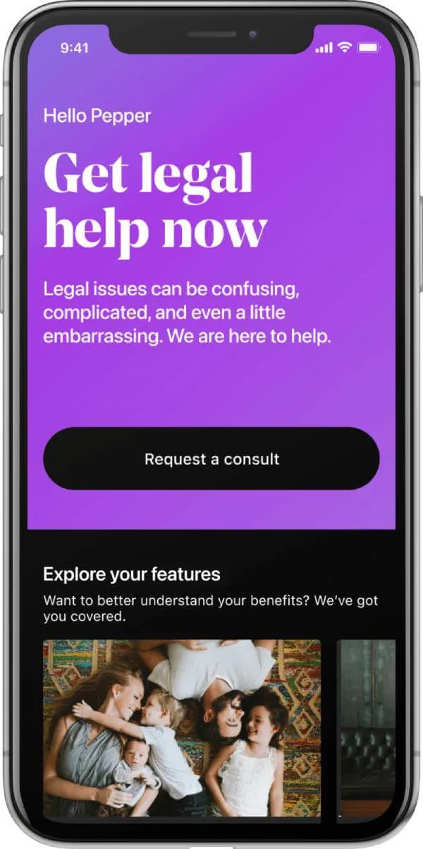 Phone displaying LegalShield mobile app