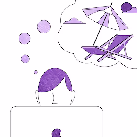 An image of a person at a computer thinking about taking a vacation.