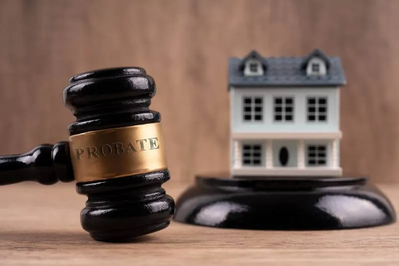 Judge's gavel labeled Probate next to an illustration of house property