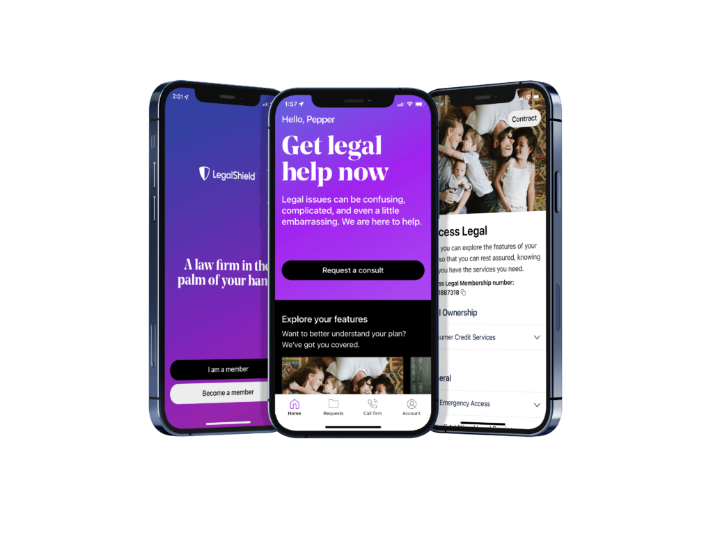 Phone screens showing the LegalShield mobile app