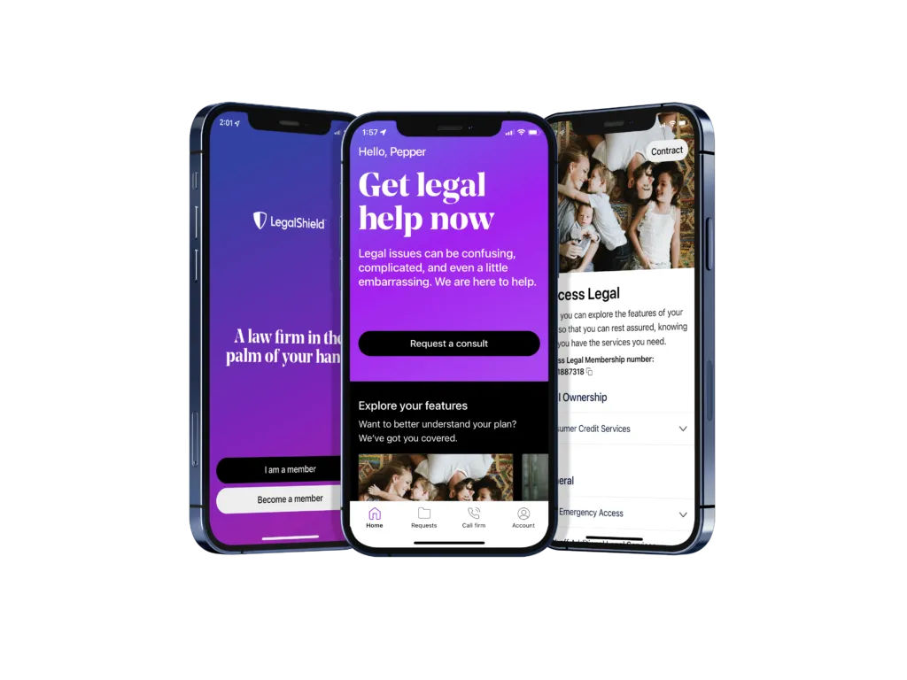 Phone screens showing the LegalShield mobile app