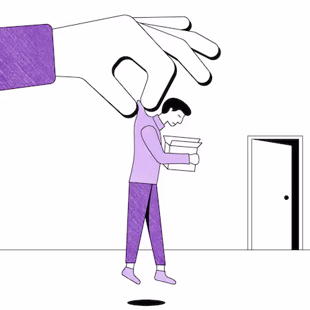 An image of a large hand throwing a man out of a room.