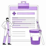 An image of a doctor pointing to a clipboard, surrounded by drug testing equipment.