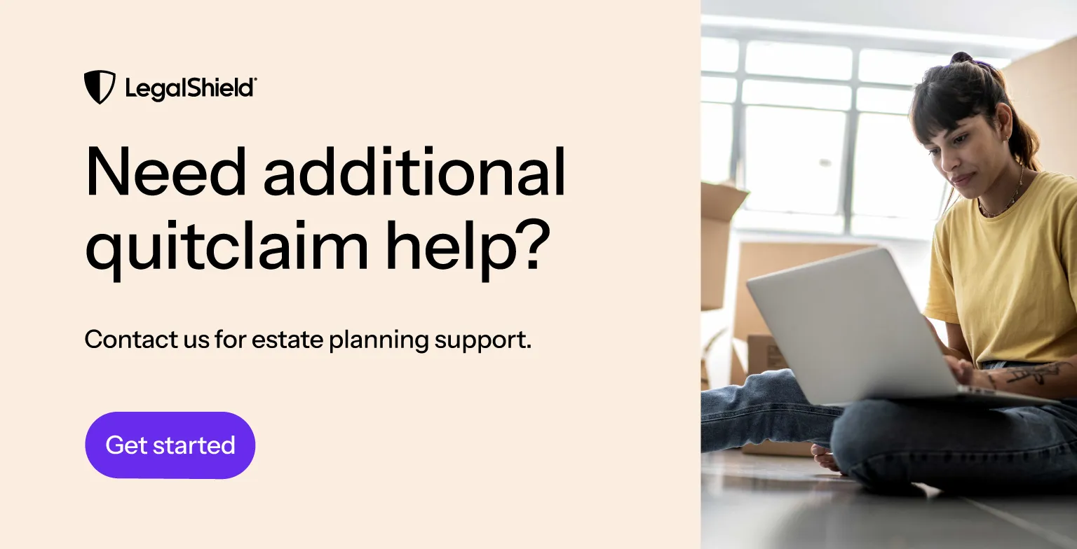 A LegalShield CTA asking readers to content for additional quitclaim help.