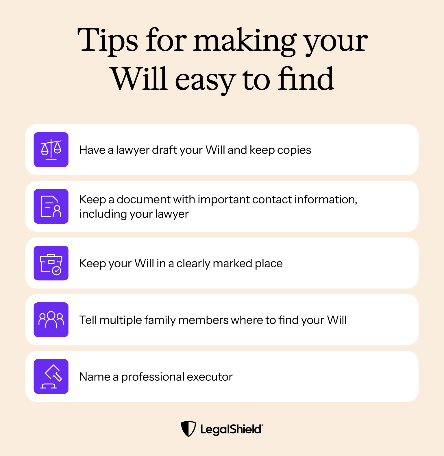Tips for making your Will easy to find: have a lawyer draft it and keep copies, keep a document with contact information for your lawyer, keep your Will in a clearly marked place, tell family members about your Will, and name a professional executor