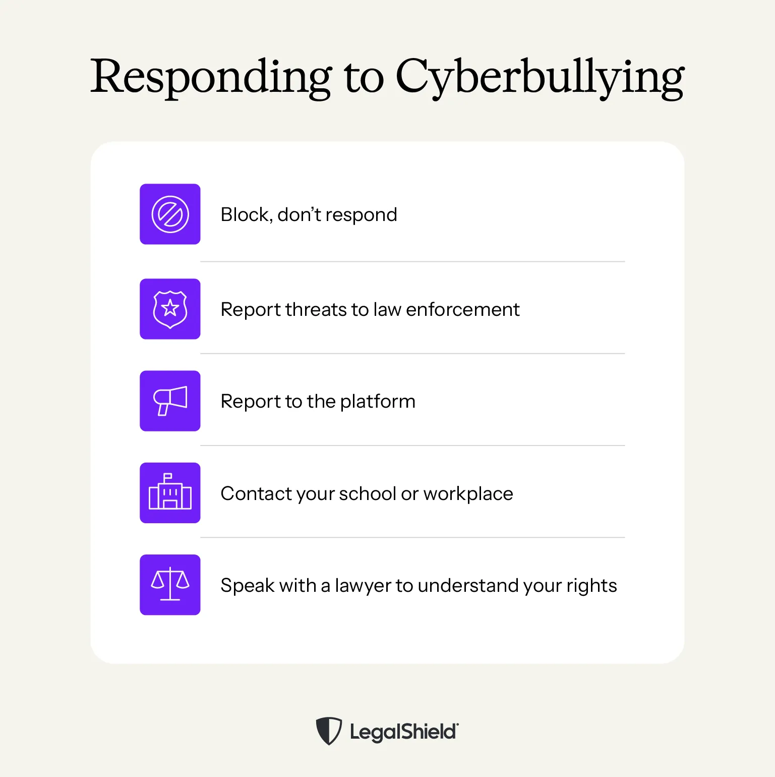 Some of the ways you can respond to cyberbullying: block the bully, report threats to law enforcement, report it to the platform, contact your school or workplace, and speak with a lawyer