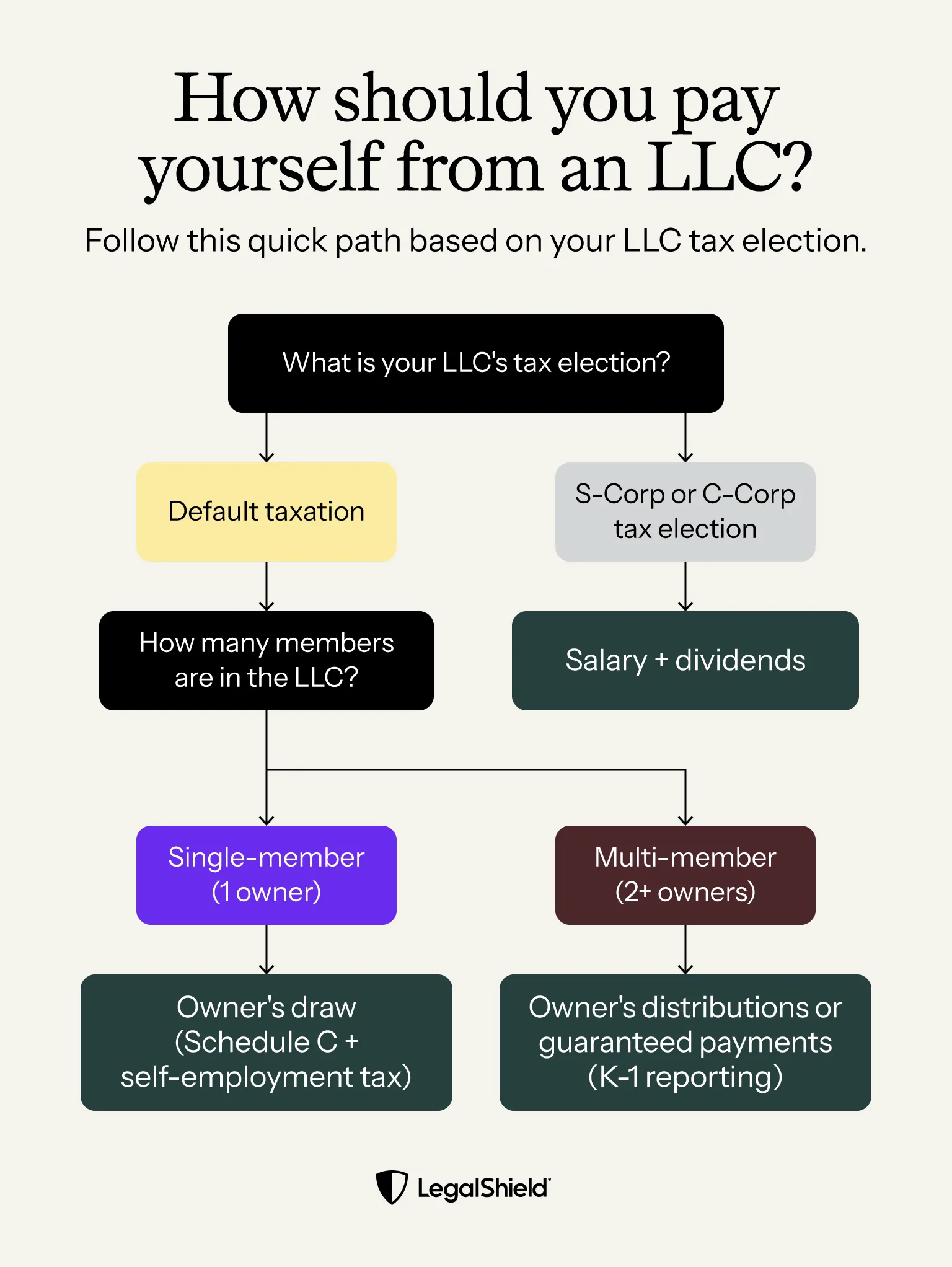 Vertical LLC payment decision tree flowchart showing how owners pay themselves based on member count and tax classification, including owner draws, salaries, and distributions.