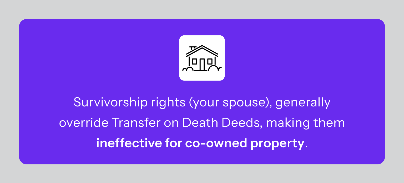 Important: If you co-own property or there is a “right of survivorship” (for example, your spouse), Transfer On Death Deeds may have no effect. The co-owner's or survivor’s rights likely supersede the Deed.