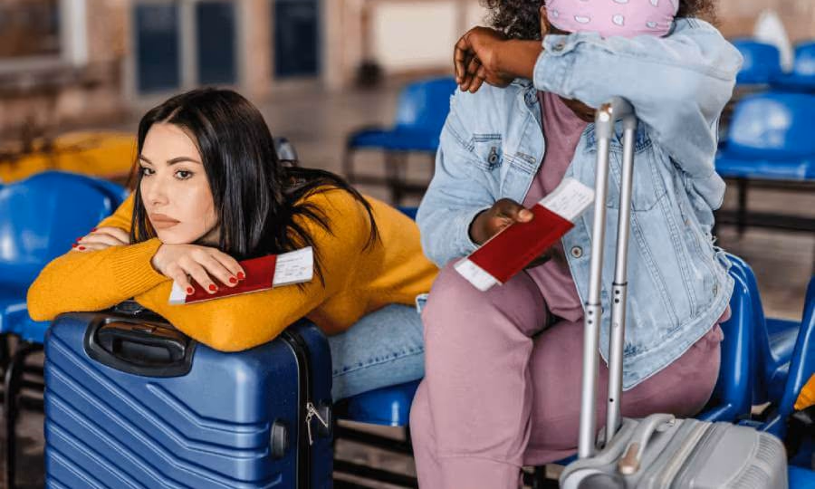 Two women in an airport upset because their flight has been delayed or cancelled.