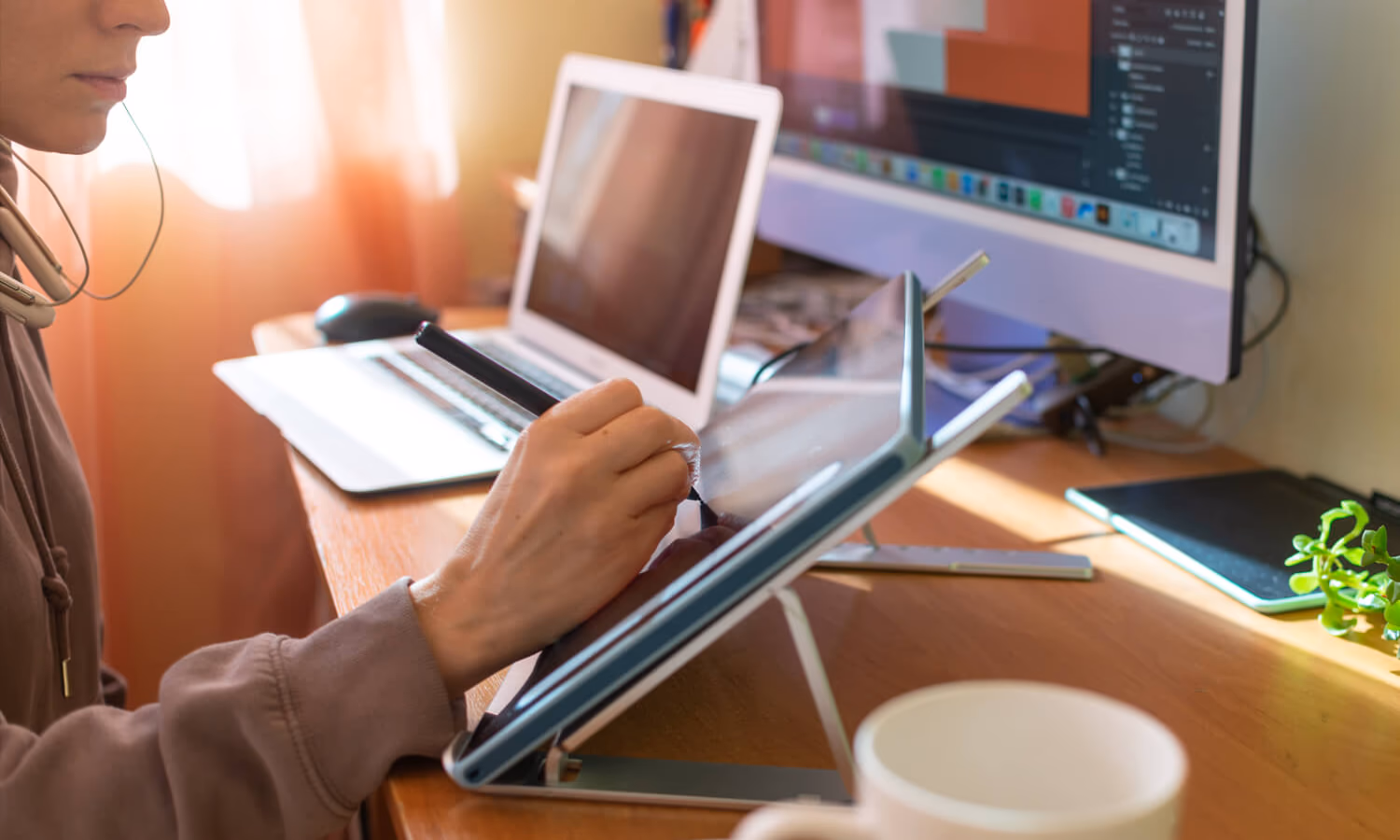 A young woman works remotely from home at a computer, draws on a graphics tablet.