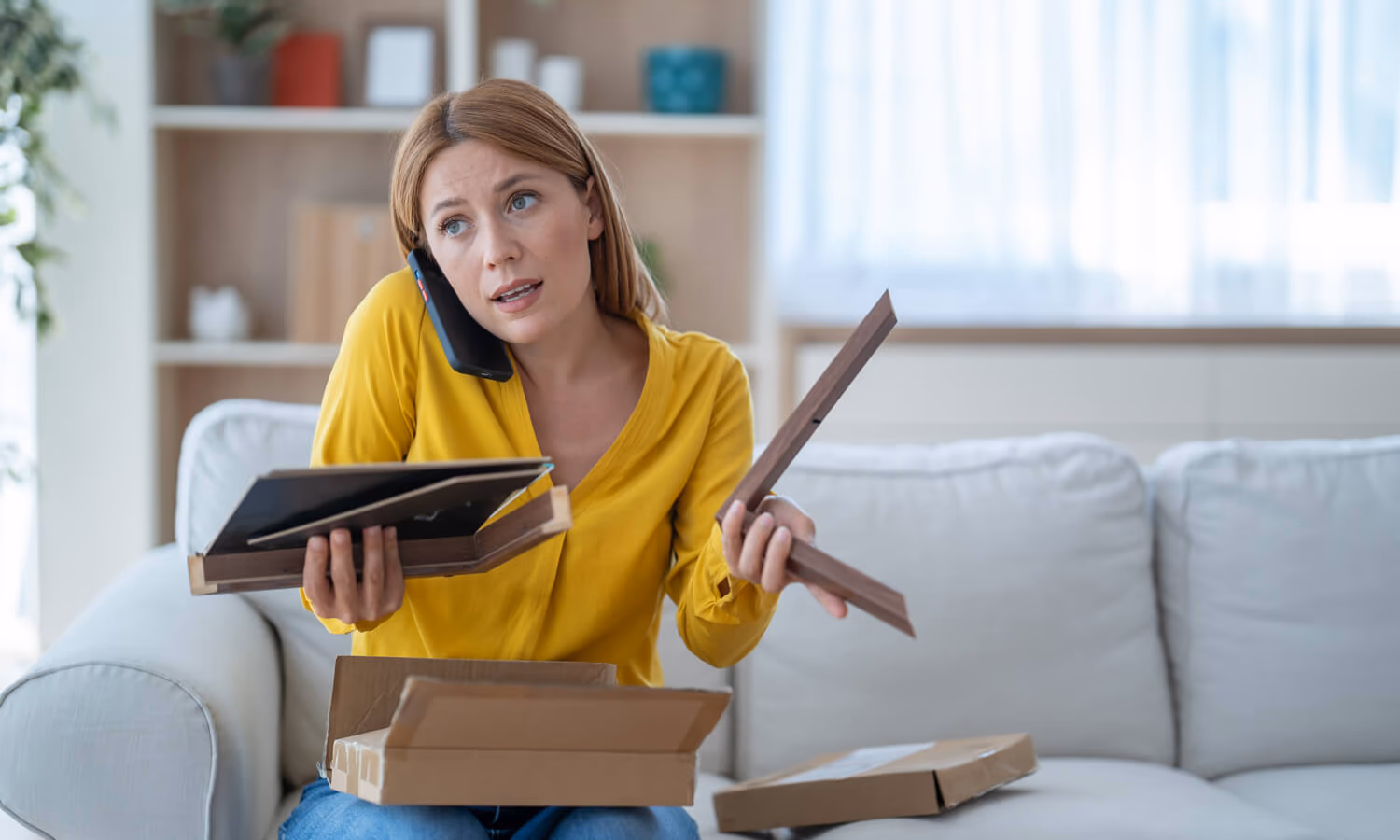 Woman complaining on phone about broken picture frame after online shopping