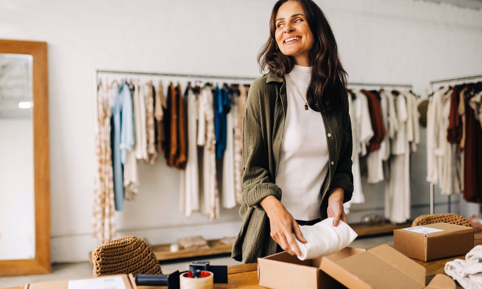 A woman preparing to ship products for the small business she owns.