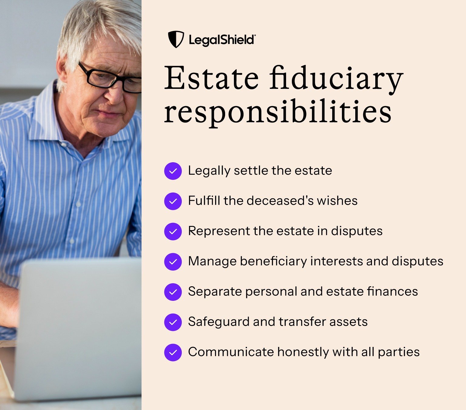 An image listing some of the responsibilities of executors: Legally settling the estate, fulfilling the deceased's wishes, representing the estate in disputes, managing beneficiary interests and disputes, separating personal and estate finances, safeguarding and transferring assets, and communicating honestly.
