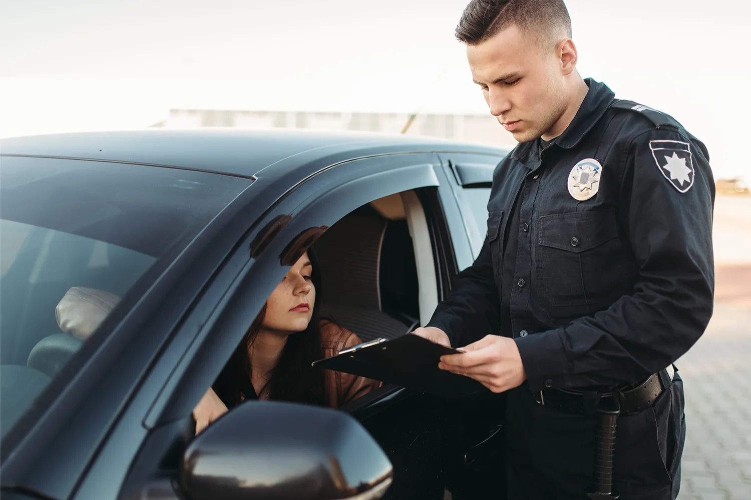 A police officer standing beside a car, speaking to a woman who was driving it