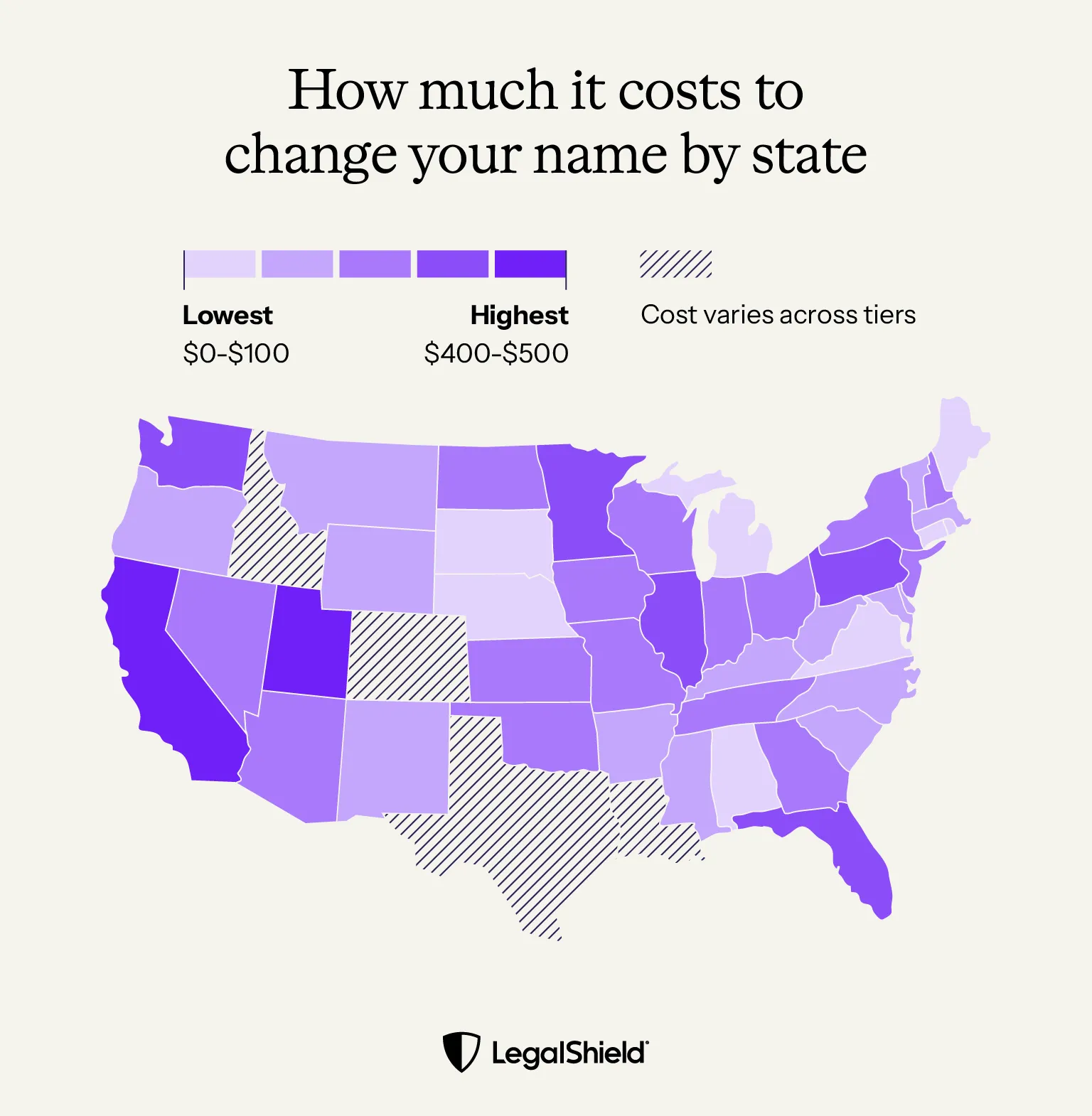 A map of the United States showing states with the highest and lowest costs.