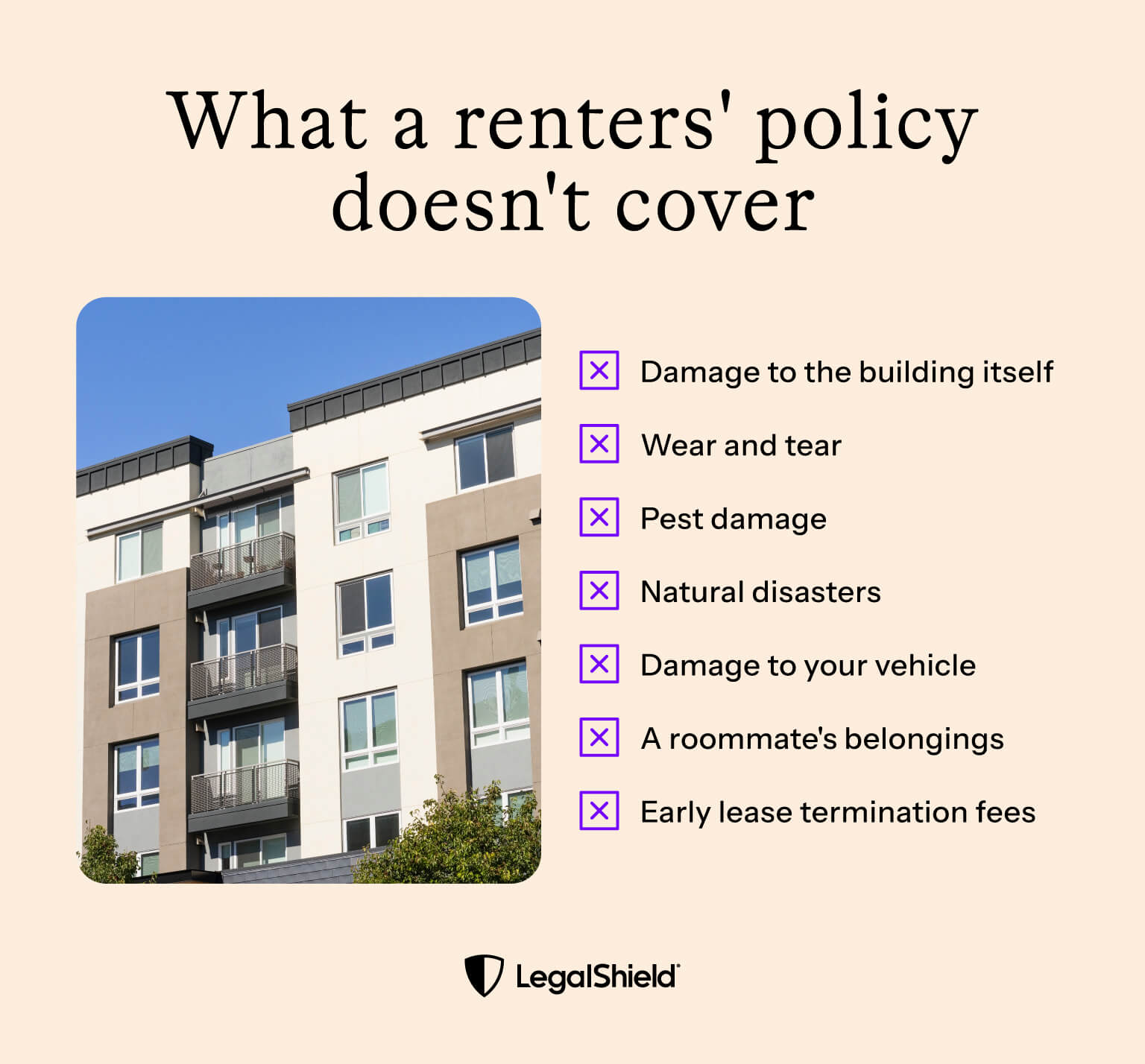 A list of things that a renters' policy doesn't usually cover.