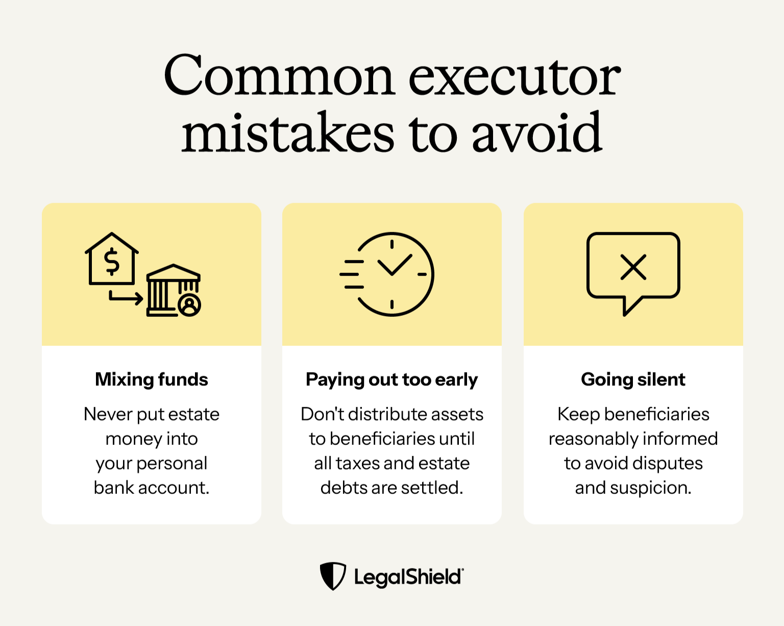 A warning graphic highlighting three common legal and financial mistakes executors should avoid.