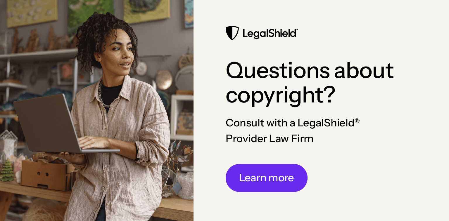 A LegalShield CTA asking readers if they have questions about copyright, encouraging them to consult with a LegalShield Provide Law Firm if they do.