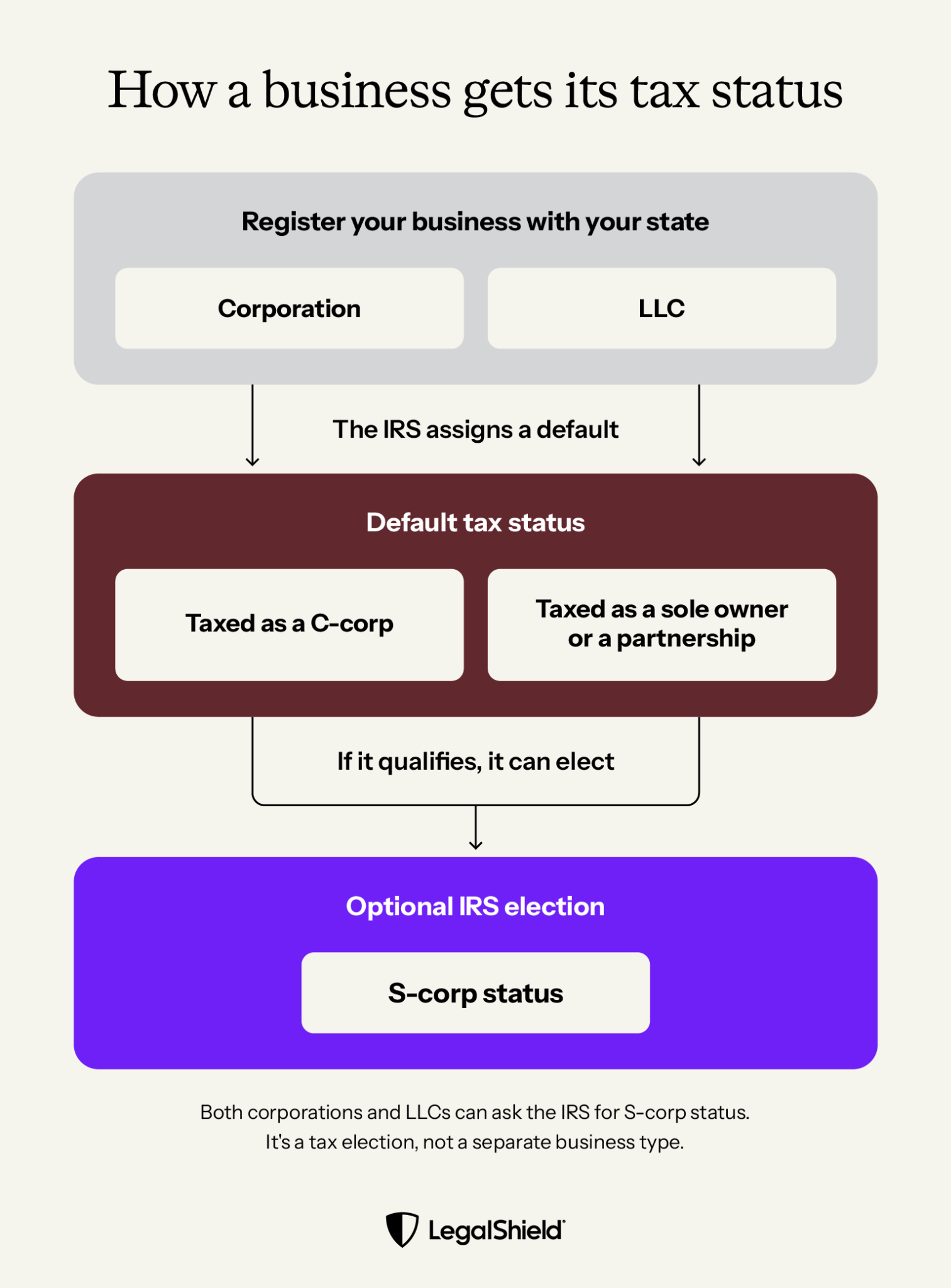 Graphic showing how a business gets its tax status.