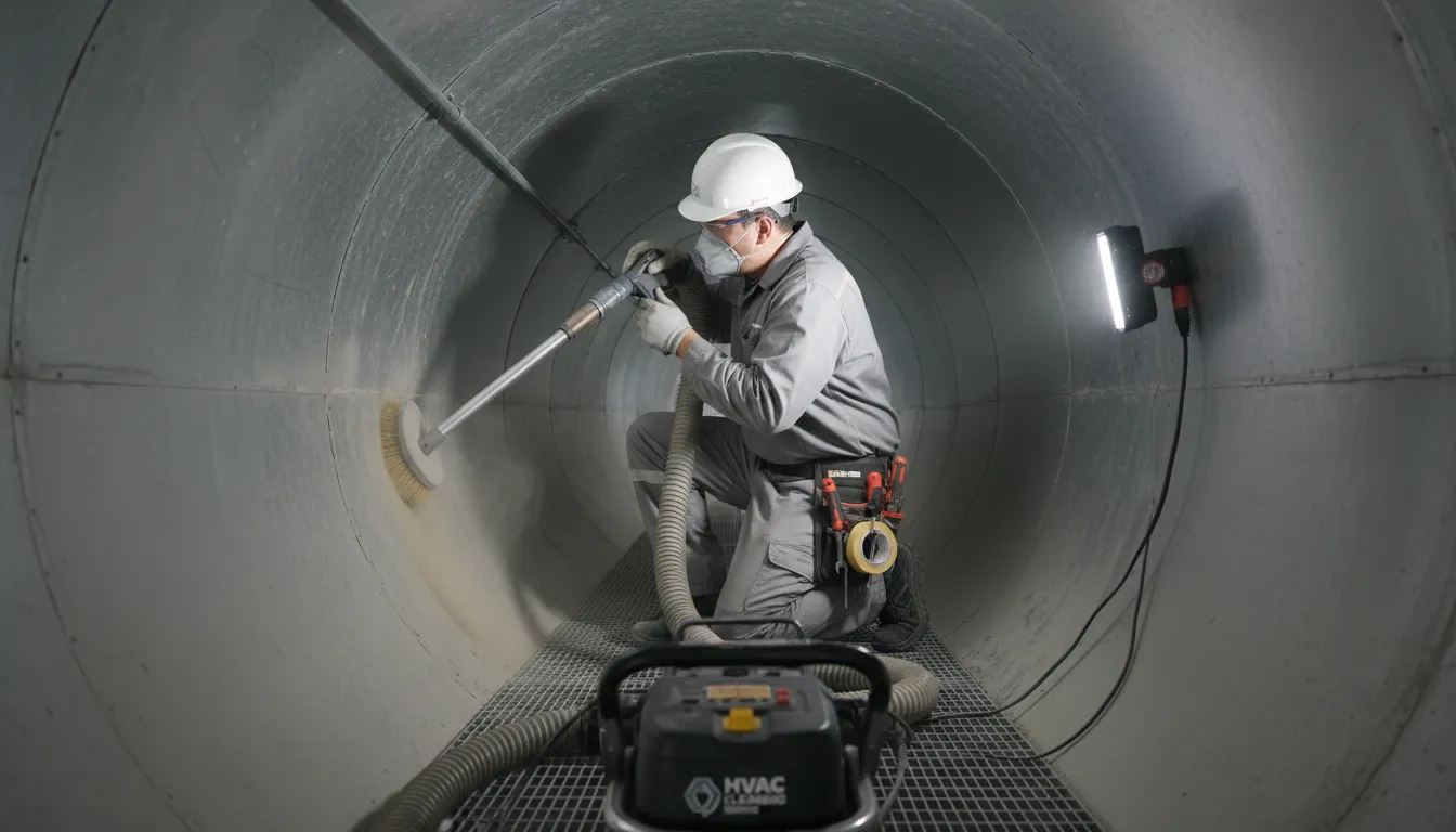 Worker wearing protective gear cleaning the inside of a large ventilation duct with a brush and vacuum equipment.