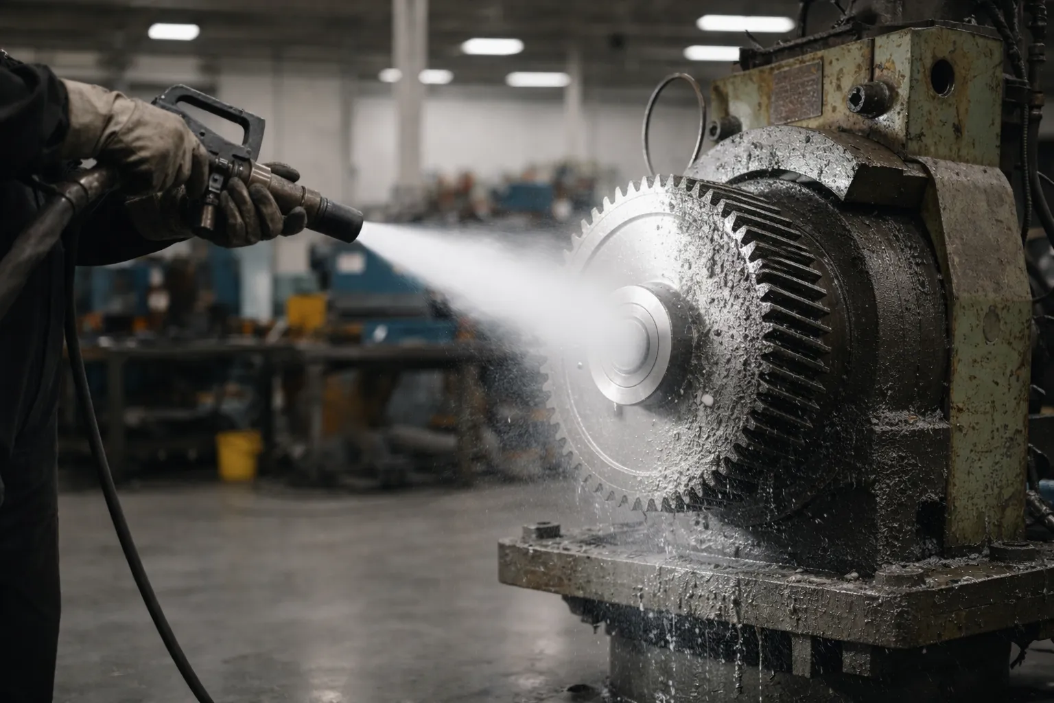 Worker using equipment to clean or cool a large industrial gear in a factory setting.