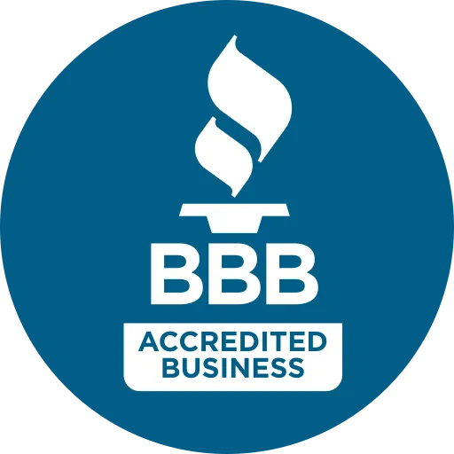 Better Business Bureau (BBB) Accredited Business blue circular logo with white torch symbol.