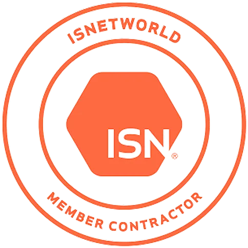 ISNetworld Member Contractor badge with an orange hexagon and ISN letters inside a double circle.