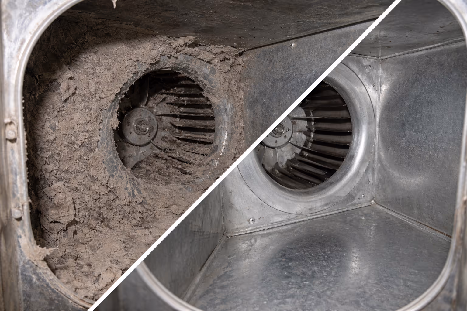Split image showing a ventilation fan and duct interior; the left side is heavily clogged with dust and dirt, while the right side is clean and free of debris.