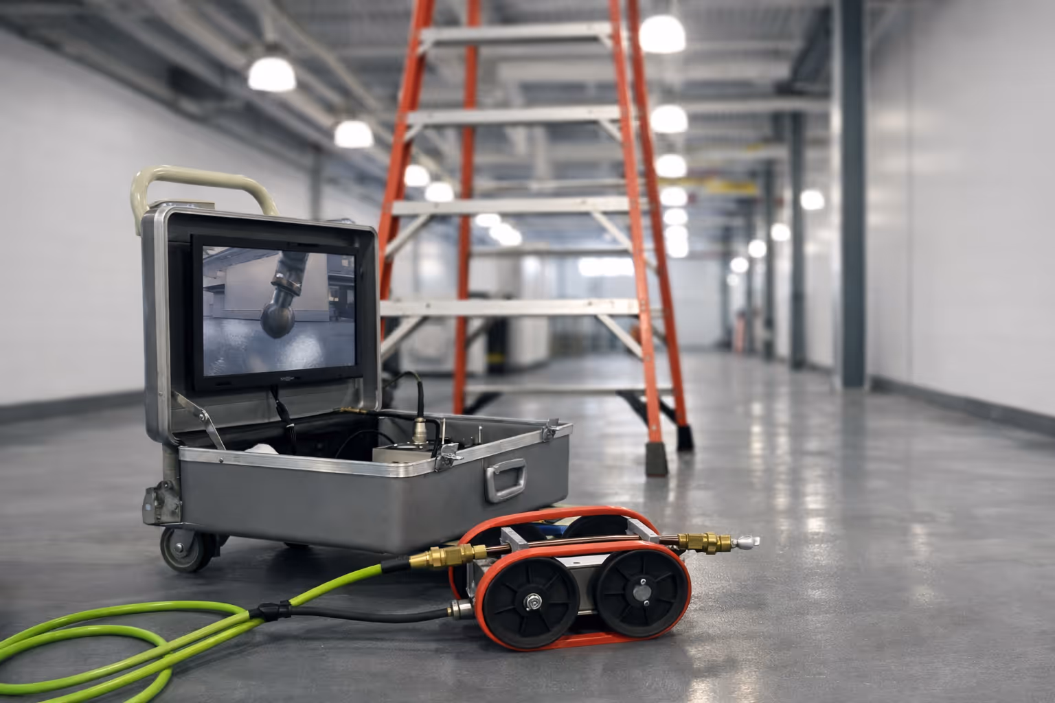 Remote-controlled inspection robot with monitor showing its camera feed, placed on a polished floor near a red ladder in an industrial hallway.