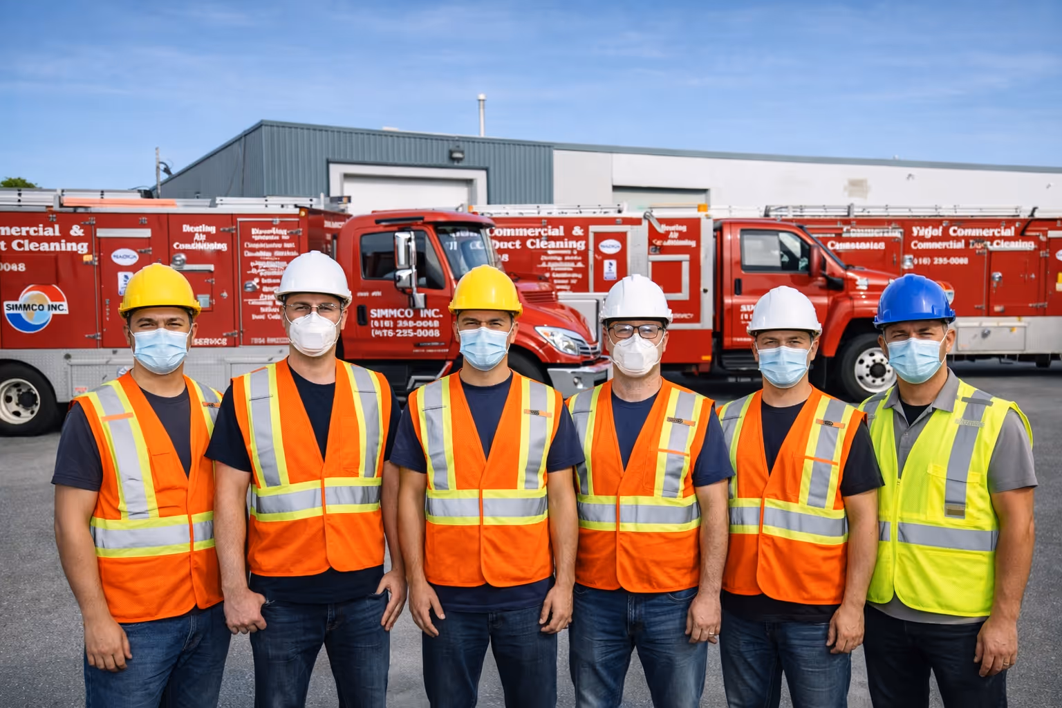 Six construction workers wearing safety vests, hard hats, and face masks standing in front of red commercial duct cleaning trucks.