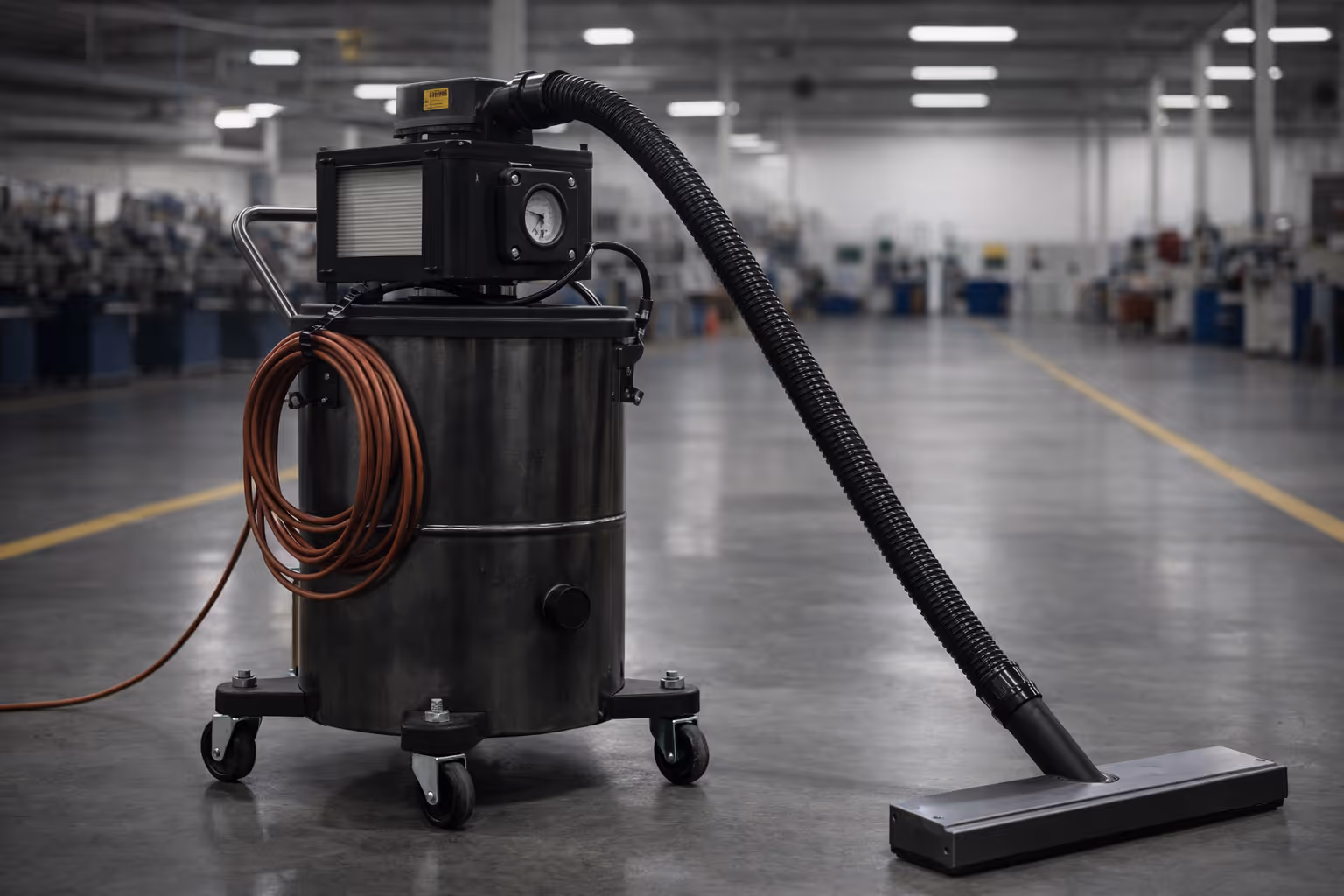 Industrial vacuum cleaner with large metal body, pressure gauge, and flexible hose on a polished factory floor.