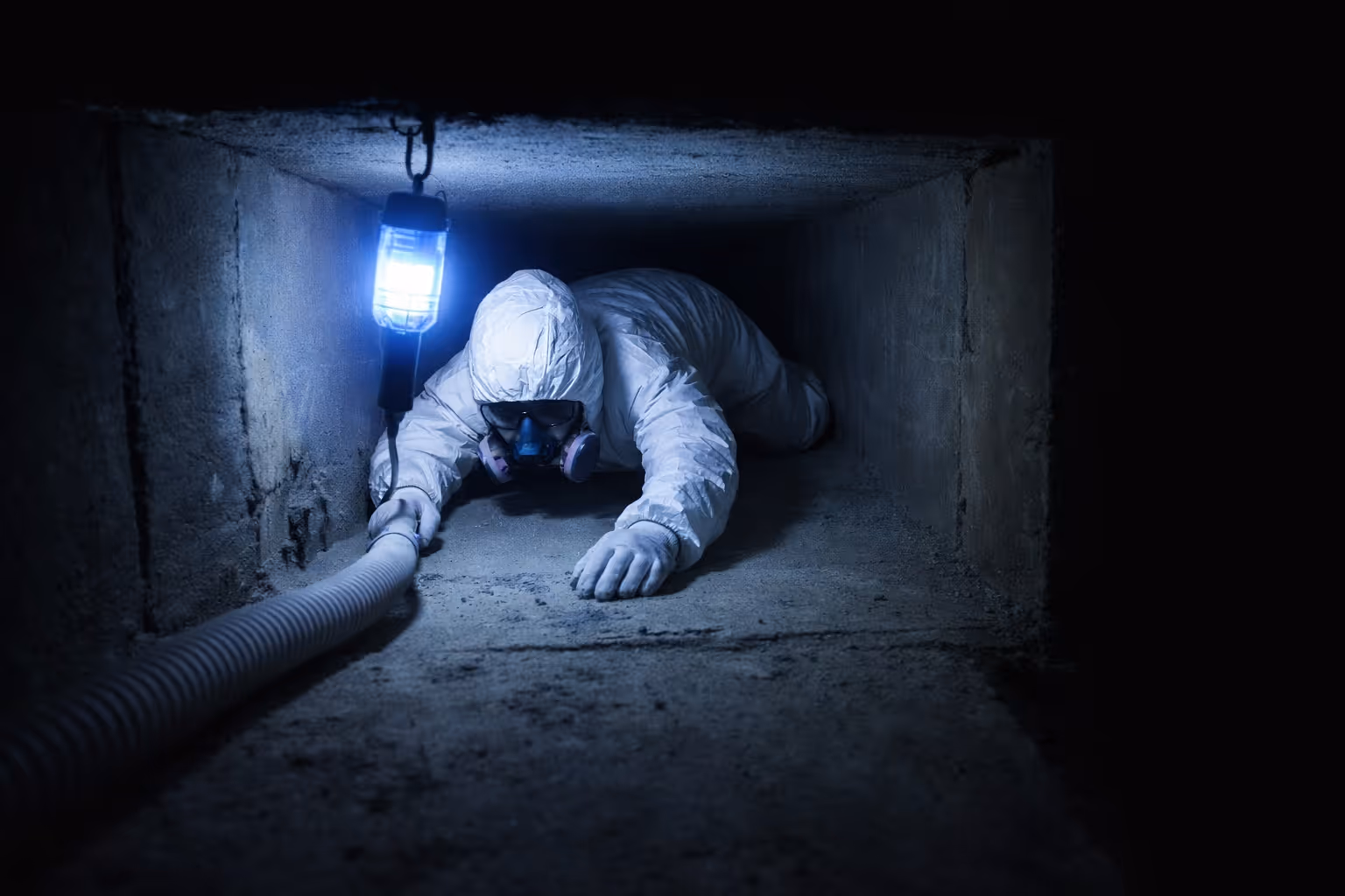 Person in protective gear crawling through a narrow concrete ventilation shaft holding a hose under blue light.