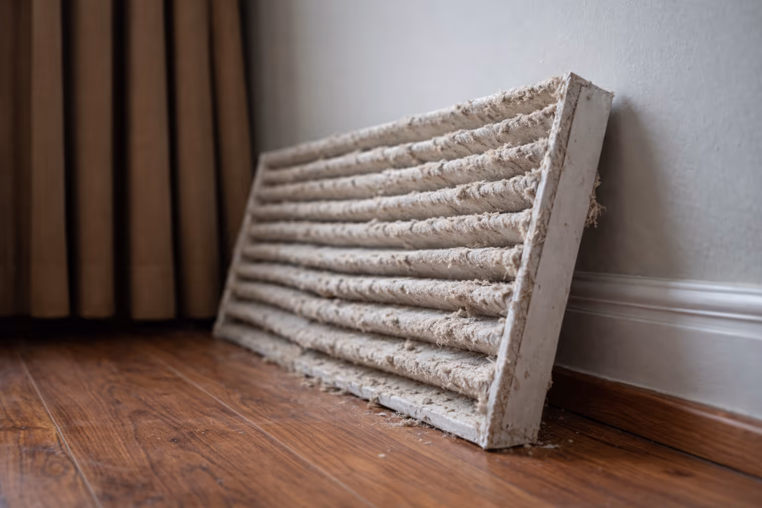 Dusty air filter placed on wooden floor leaning against a wall.