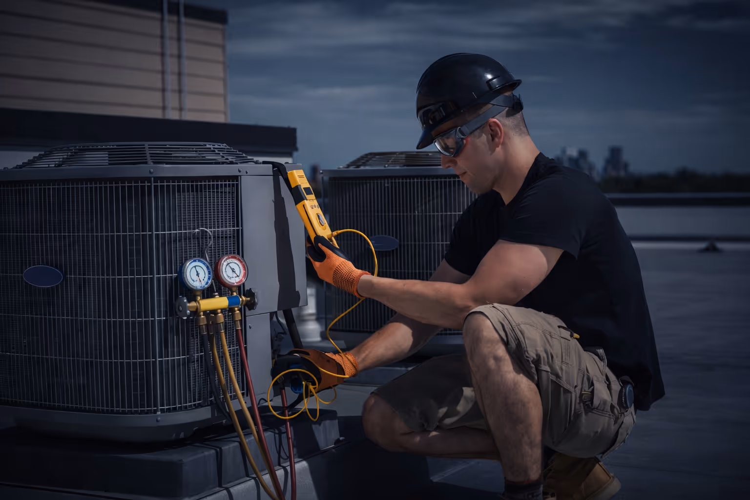Technician wearing a hard hat and gloves using a digital gauge to check an outdoor HVAC unit.
